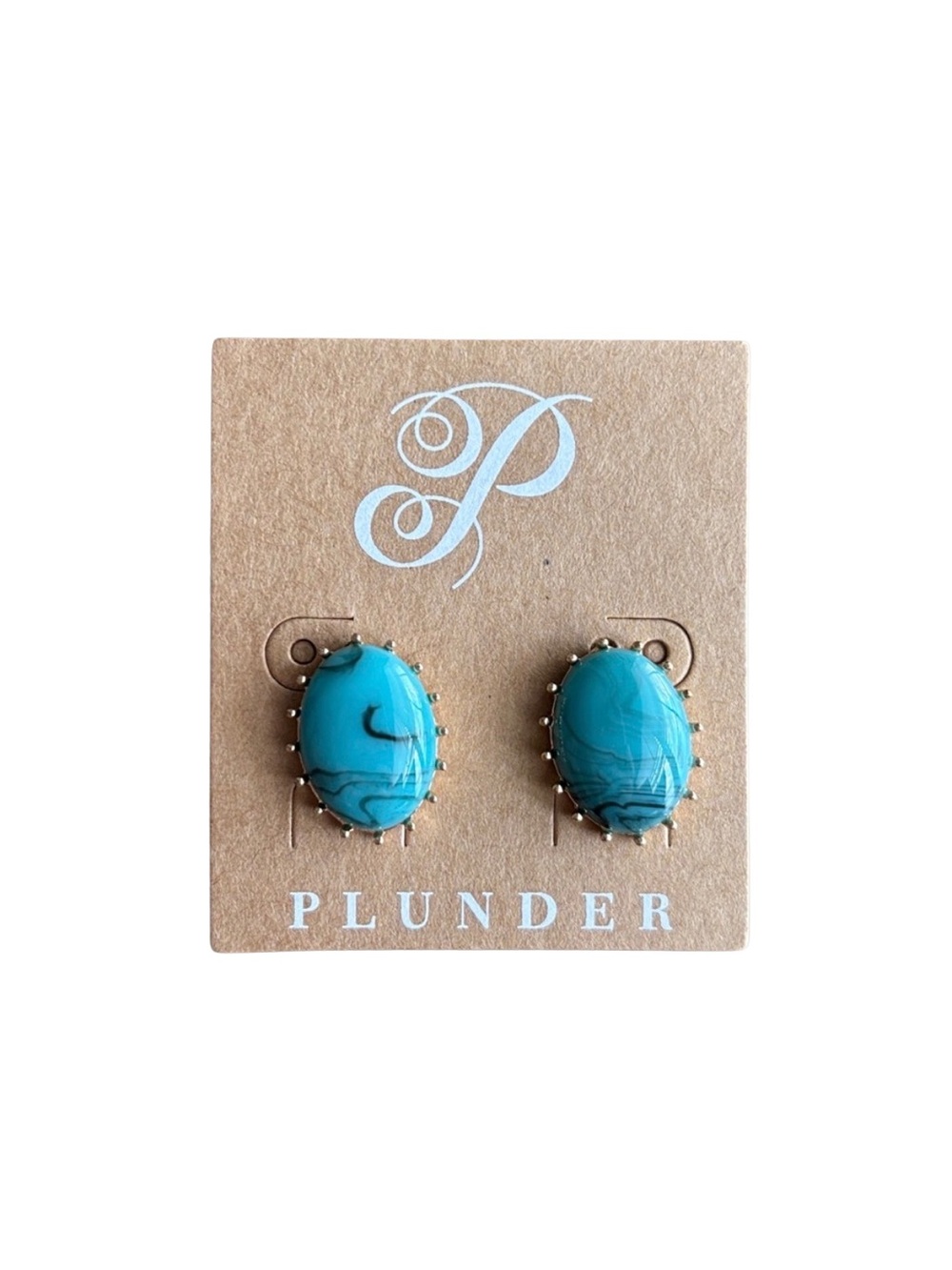 780. Plunder Turquoise Blue Oval Stone Stud Earrings with Gold-Tone Prongs